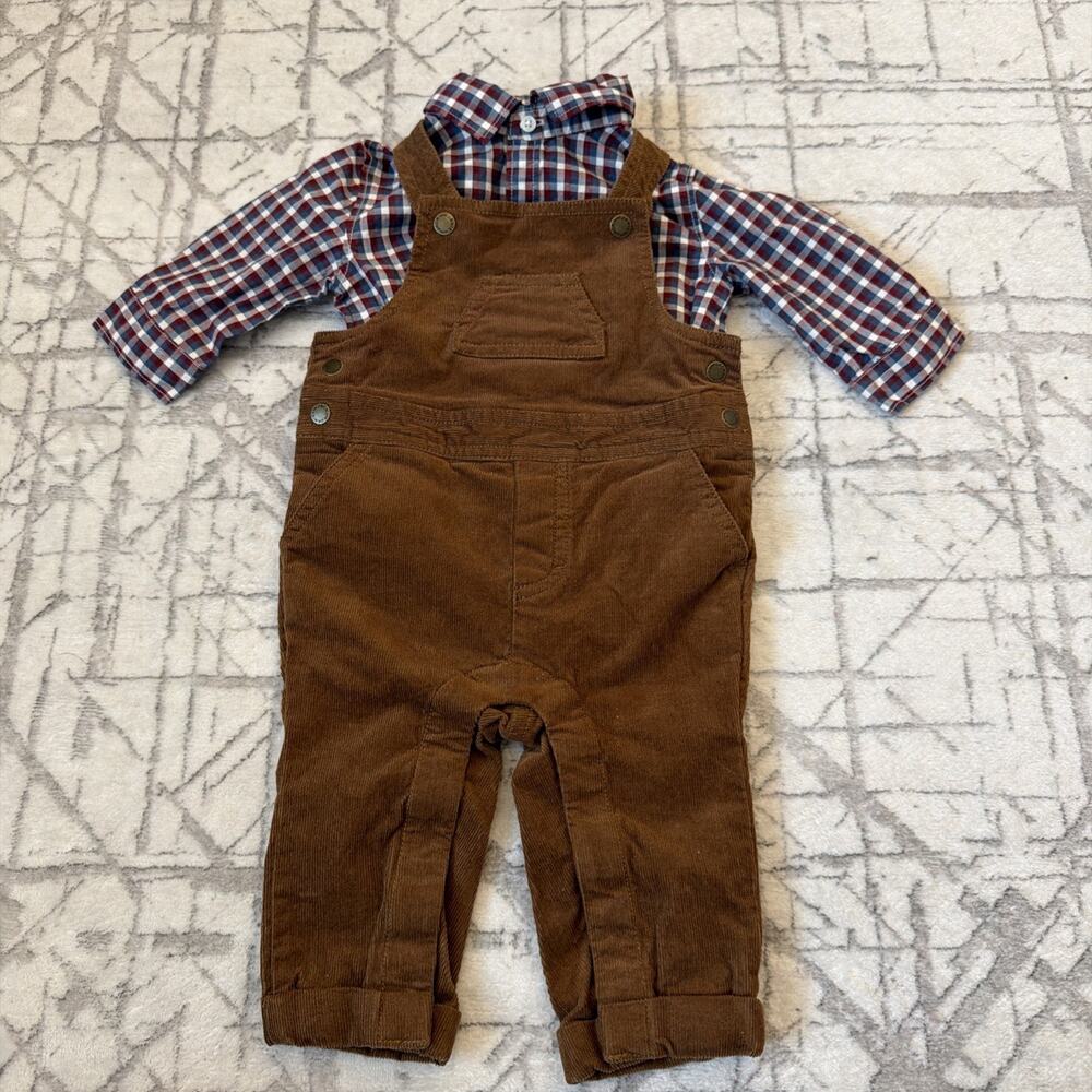 Janie And Jack Size 3-6 Months Baby Boys Brown‎ Corduroy Overalls & Plaid Shirt